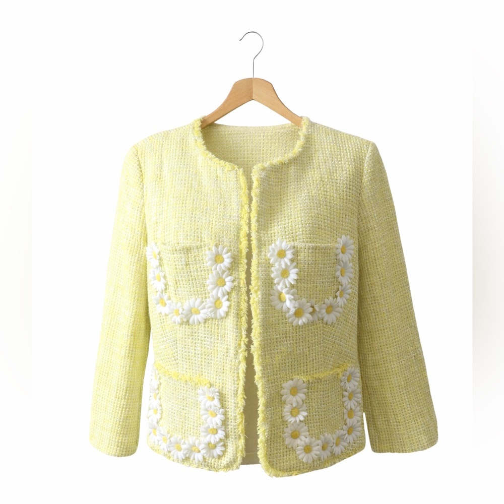 Talbots Yellow Daisy Jacket 10P Floral Tweed Blazer Petite Spring Chic Statement